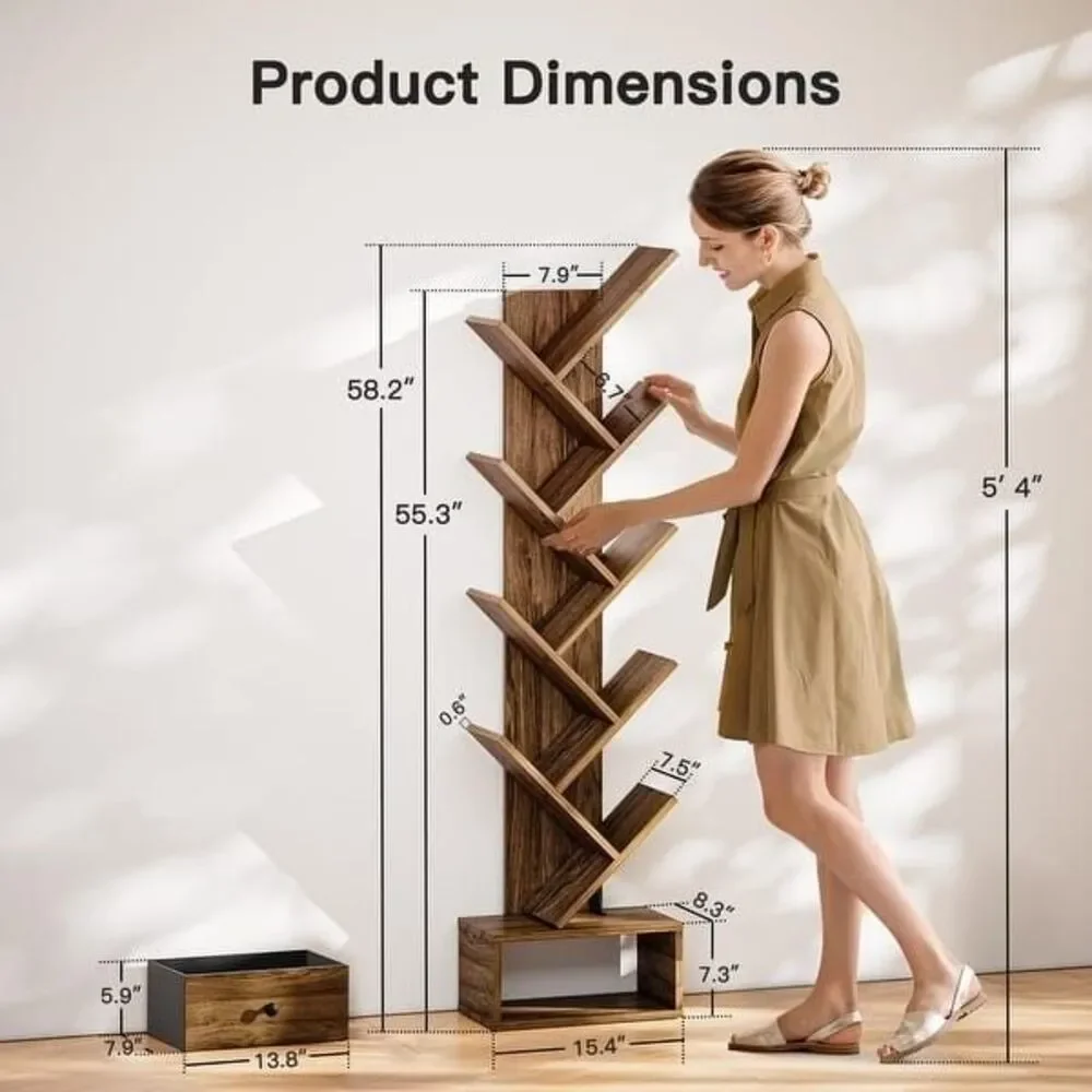 Tree Bookshelf with Drawer 8-Tier Vertical Bookshelf Modern Bookcase